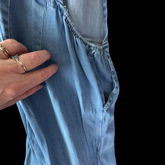 Flowy Chambray Pleated Wide Leg Oversized Racerback Overalls/Jumpsuit - Picture 6 of 9